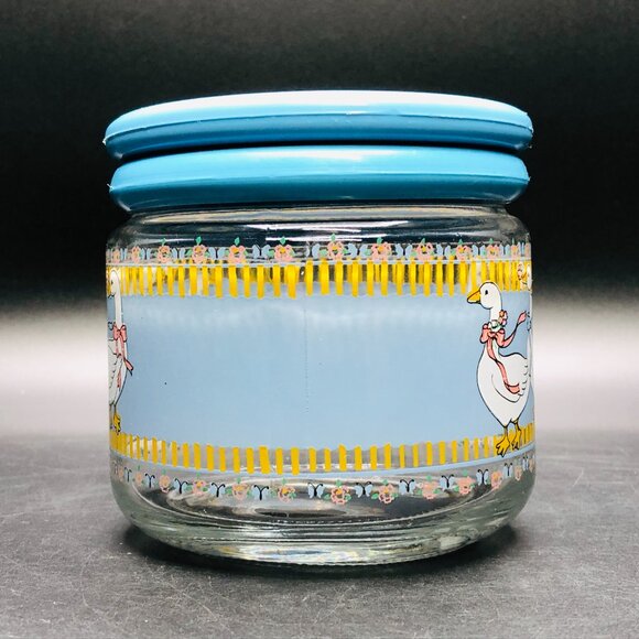 80s Country Mother Goose Ribbon Bow Glass Jar Blue Plastic Lid Vintage Canister - Picture 2 of 12